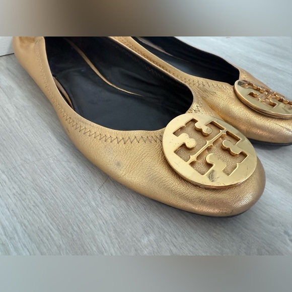 TORY BURCH Size 9.5 Reva Gold Distressed Leather Ballet Flat Metallic - Picture 14 of 14